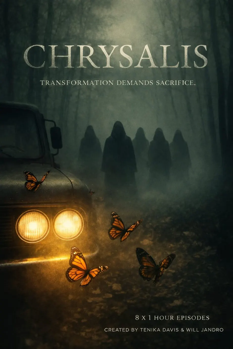 Chrysalis key art: hooded figures in a foggy forest road, a vintage truck's headlights and monarch butterflies. Transformation demands sacrifice. 8 x 1 hour episodes, created by Tenika Davis and Will Jandro