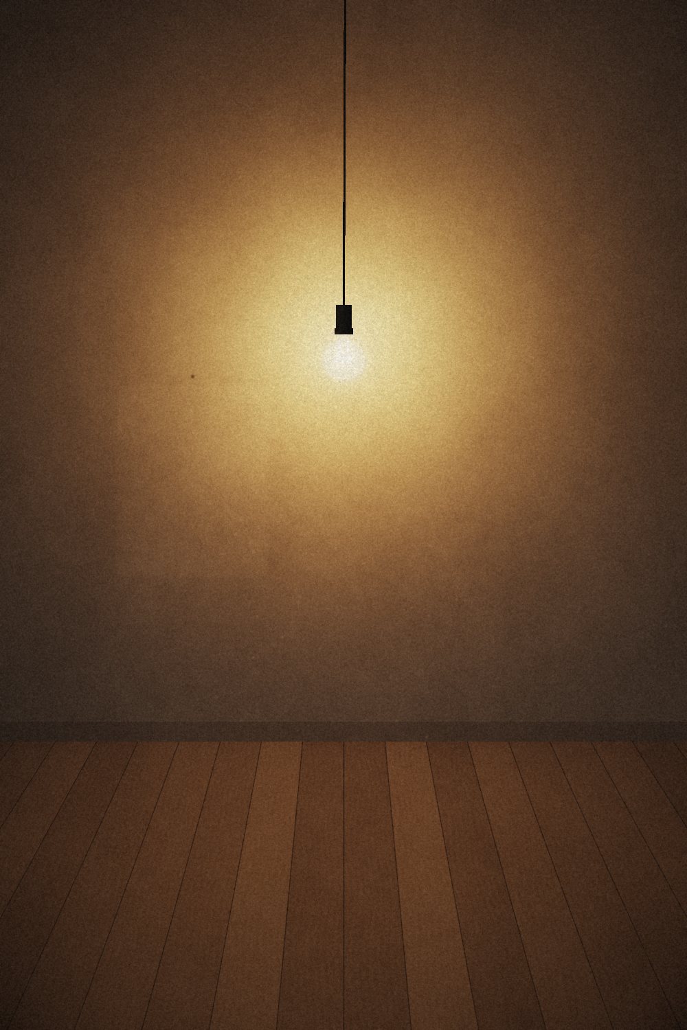 A bare bulb hanging over an empty brown room, flickering